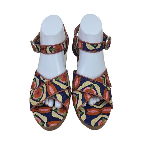 Fossil Ramona Heeled Sandals Multi Colored Flower Print Wooden Heels Size 10 - Picture 1 of 13